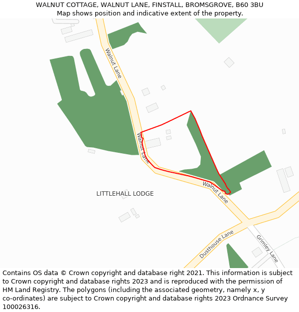 WALNUT COTTAGE, WALNUT LANE, FINSTALL, BROMSGROVE, B60 3BU: Location map and indicative extent of plot