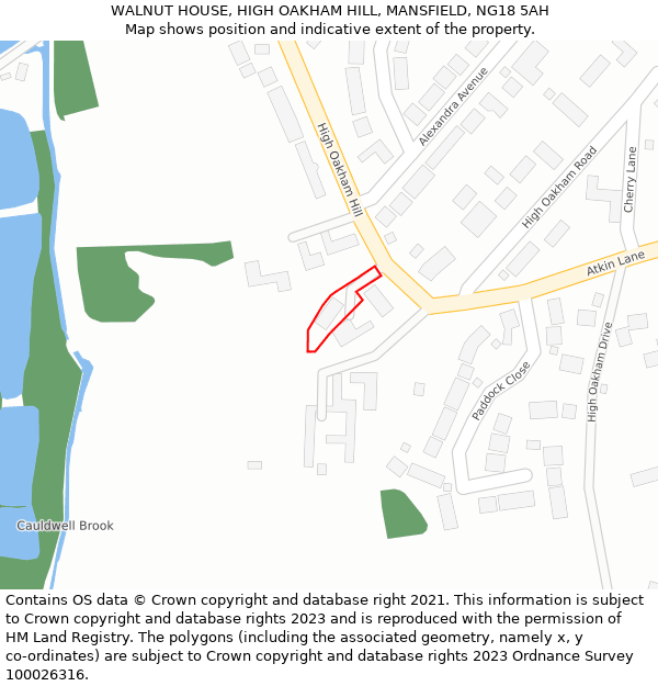 WALNUT HOUSE, HIGH OAKHAM HILL, MANSFIELD, NG18 5AH: Location map and indicative extent of plot
