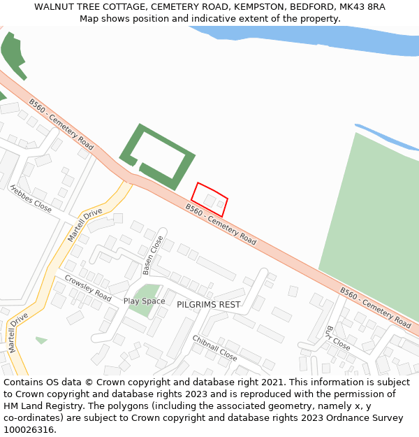 WALNUT TREE COTTAGE, CEMETERY ROAD, KEMPSTON, BEDFORD, MK43 8RA: Location map and indicative extent of plot