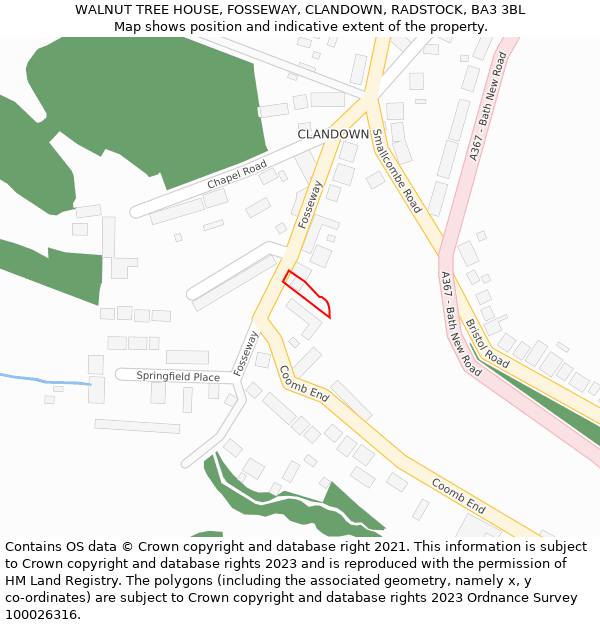 WALNUT TREE HOUSE, FOSSEWAY, CLANDOWN, RADSTOCK, BA3 3BL: Location map and indicative extent of plot