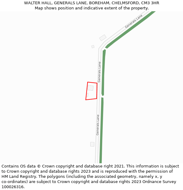 WALTER HALL, GENERALS LANE, BOREHAM, CHELMSFORD, CM3 3HR: Location map and indicative extent of plot