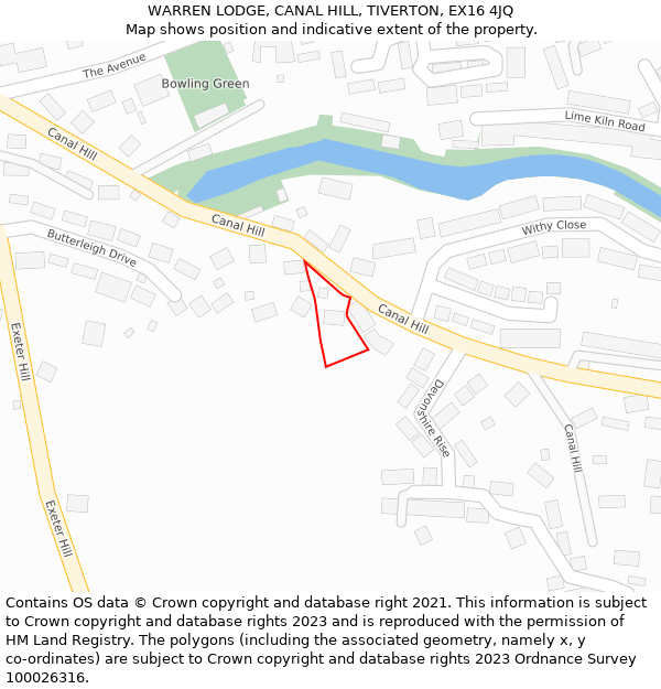 WARREN LODGE, CANAL HILL, TIVERTON, EX16 4JQ: Location map and indicative extent of plot