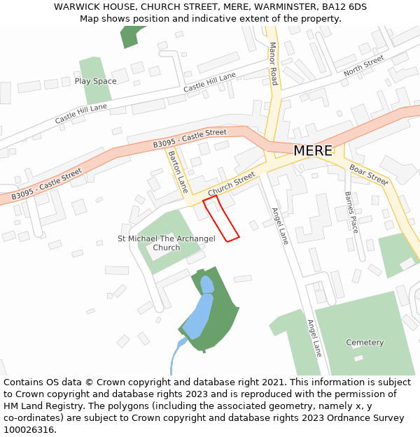 WARWICK HOUSE, CHURCH STREET, MERE, WARMINSTER, BA12 6DS: Location map and indicative extent of plot