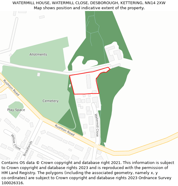 WATERMILL HOUSE, WATERMILL CLOSE, DESBOROUGH, KETTERING, NN14 2XW: Location map and indicative extent of plot