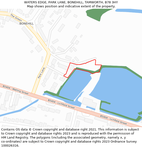 WATERS EDGE, PARK LANE, BONEHILL, TAMWORTH, B78 3HY: Location map and indicative extent of plot
