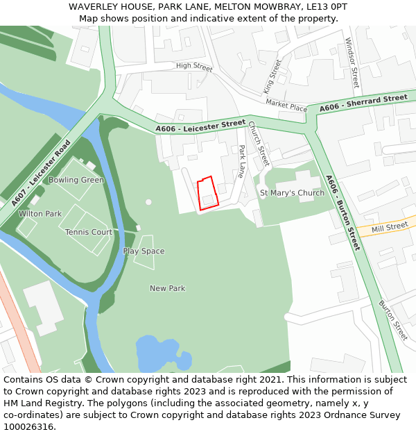 WAVERLEY HOUSE, PARK LANE, MELTON MOWBRAY, LE13 0PT: Location map and indicative extent of plot