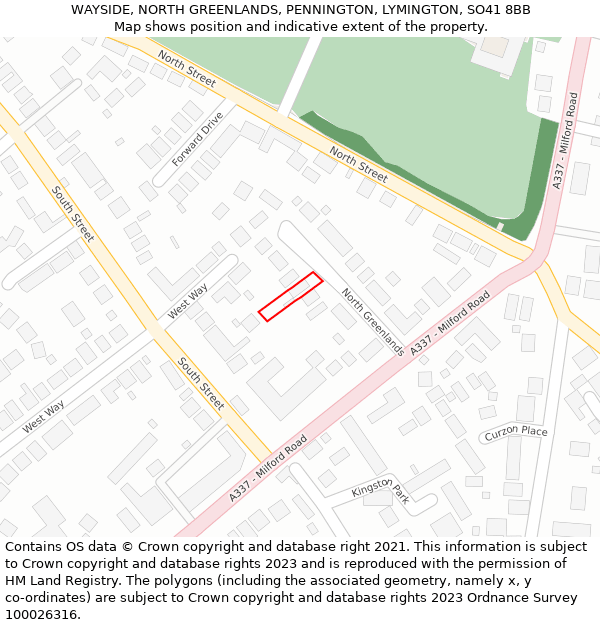 WAYSIDE, NORTH GREENLANDS, PENNINGTON, LYMINGTON, SO41 8BB: Location map and indicative extent of plot