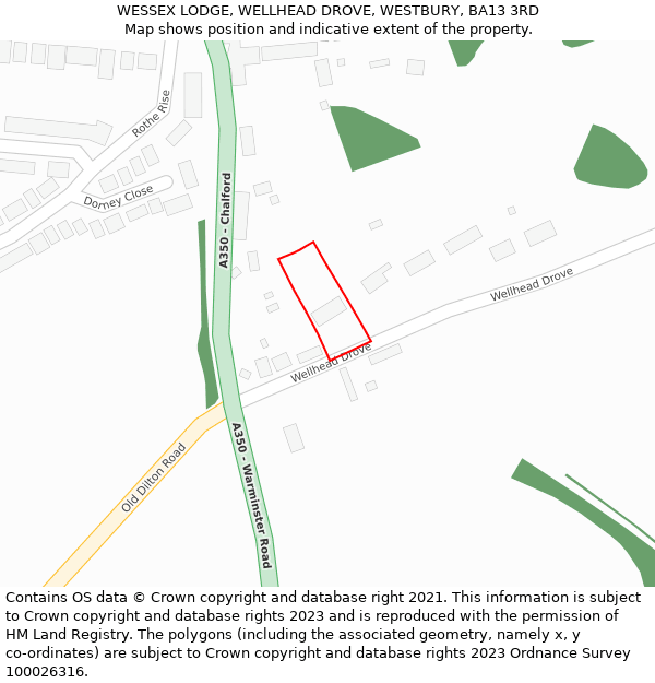 WESSEX LODGE, WELLHEAD DROVE, WESTBURY, BA13 3RD: Location map and indicative extent of plot