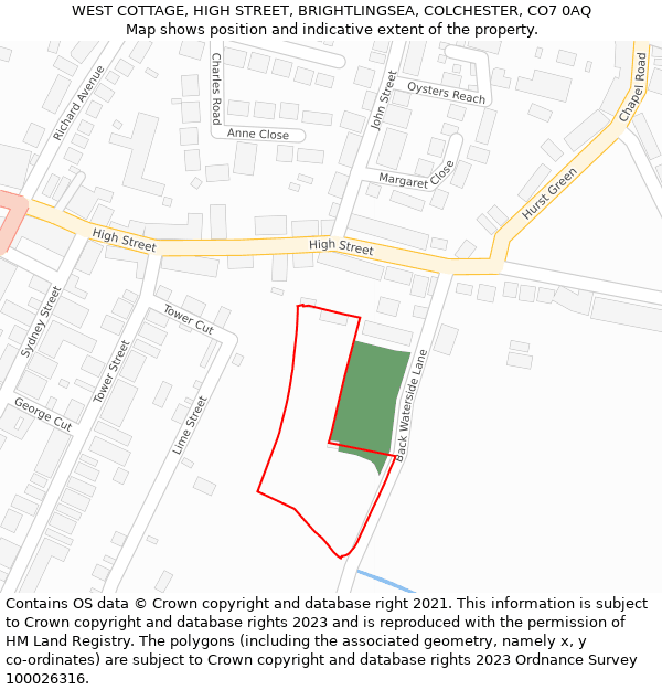 WEST COTTAGE, HIGH STREET, BRIGHTLINGSEA, COLCHESTER, CO7 0AQ: Location map and indicative extent of plot