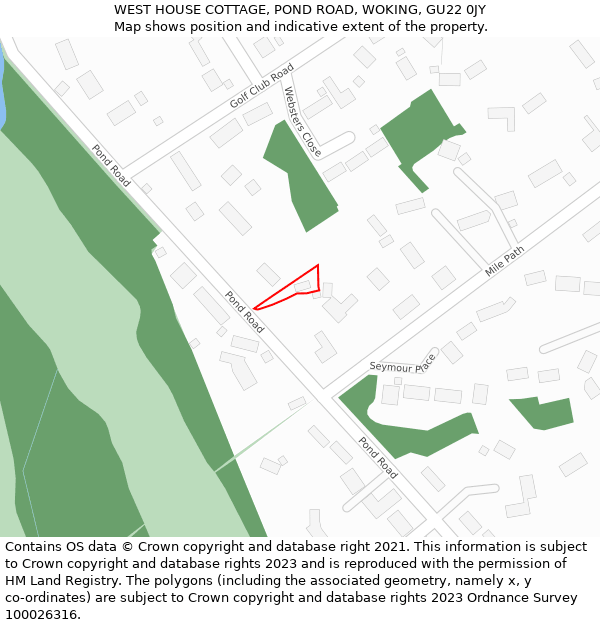 WEST HOUSE COTTAGE, POND ROAD, WOKING, GU22 0JY: Location map and indicative extent of plot