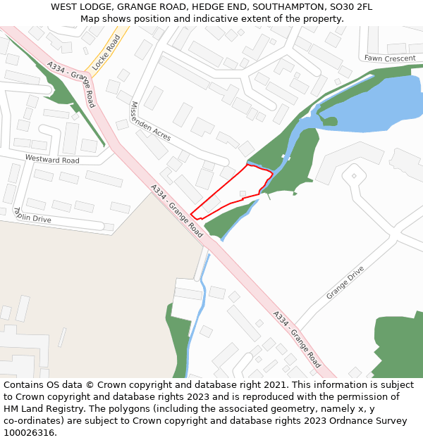 WEST LODGE, GRANGE ROAD, HEDGE END, SOUTHAMPTON, SO30 2FL: Location map and indicative extent of plot