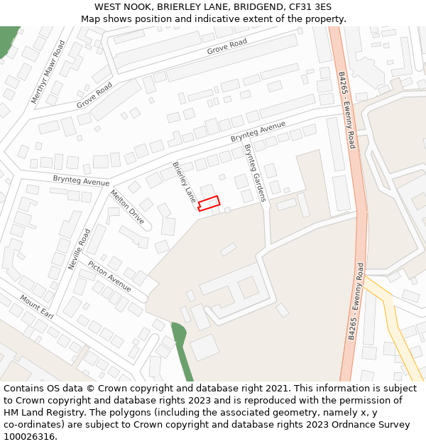 WEST NOOK, BRIERLEY LANE, BRIDGEND, CF31 3ES: Location map and indicative extent of plot