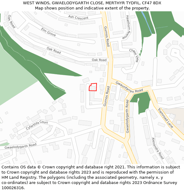 WEST WINDS, GWAELODYGARTH CLOSE, MERTHYR TYDFIL, CF47 8DX: Location map and indicative extent of plot