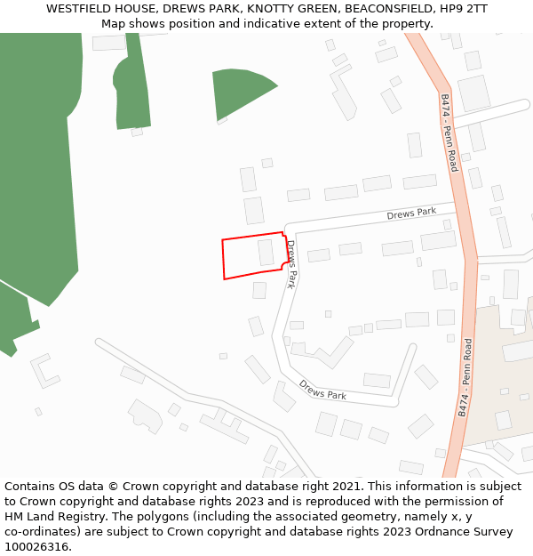 WESTFIELD HOUSE, DREWS PARK, KNOTTY GREEN, BEACONSFIELD, HP9 2TT: Location map and indicative extent of plot