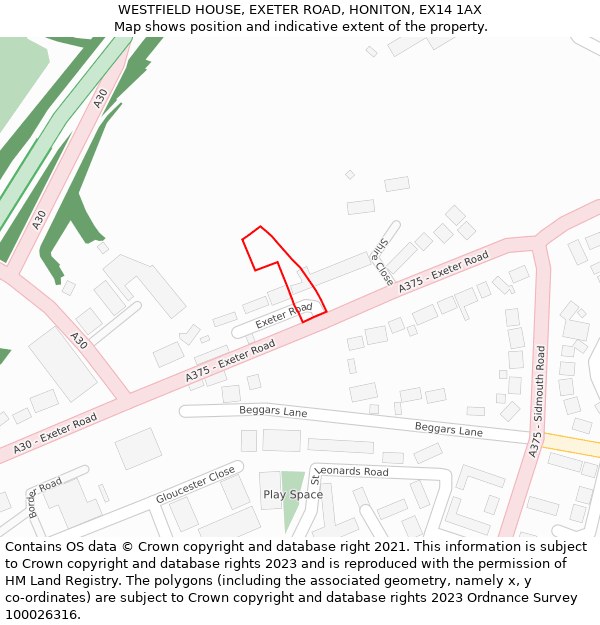 WESTFIELD HOUSE, EXETER ROAD, HONITON, EX14 1AX: Location map and indicative extent of plot