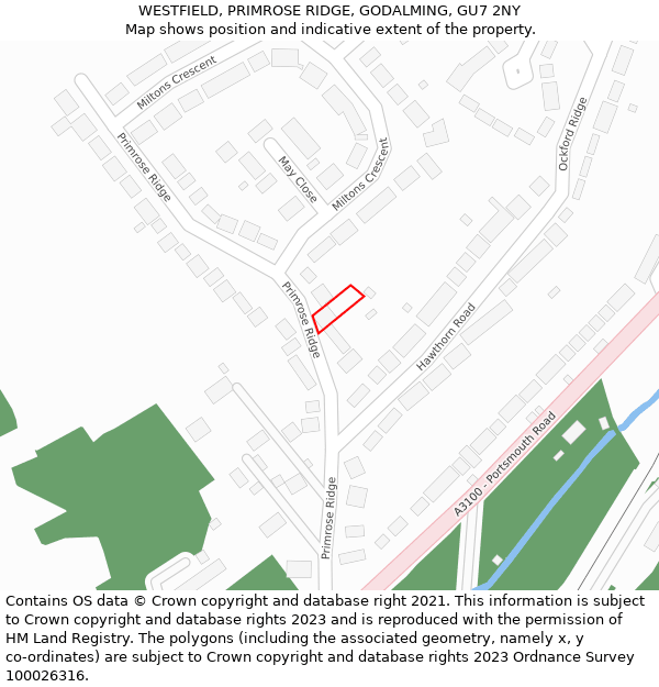 WESTFIELD, PRIMROSE RIDGE, GODALMING, GU7 2NY: Location map and indicative extent of plot
