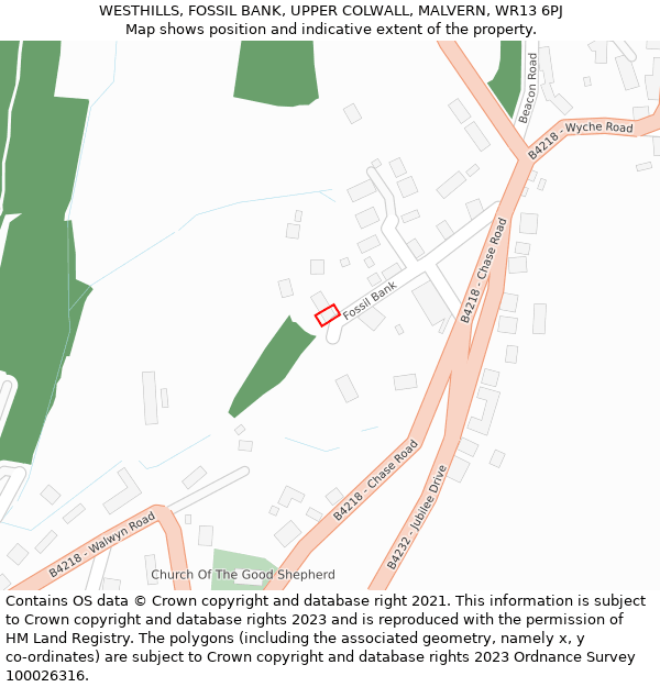 WESTHILLS, FOSSIL BANK, UPPER COLWALL, MALVERN, WR13 6PJ: Location map and indicative extent of plot