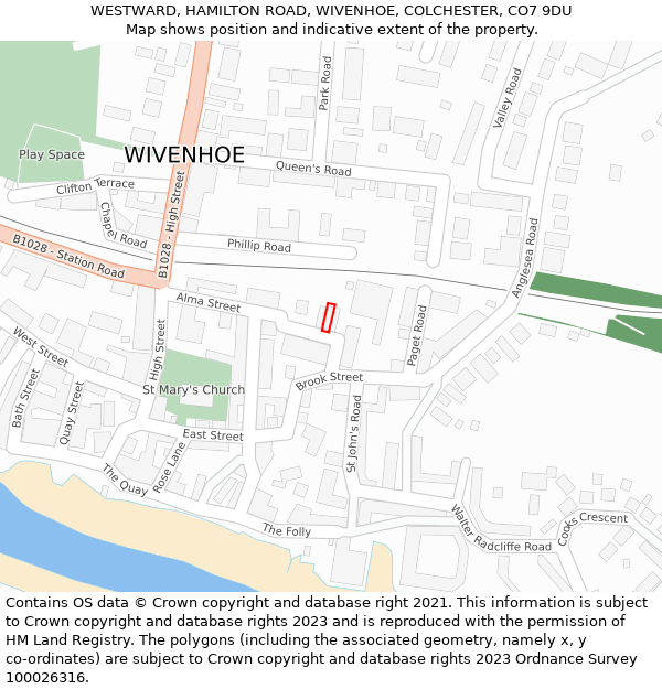 WESTWARD, HAMILTON ROAD, WIVENHOE, COLCHESTER, CO7 9DU: Location map and indicative extent of plot