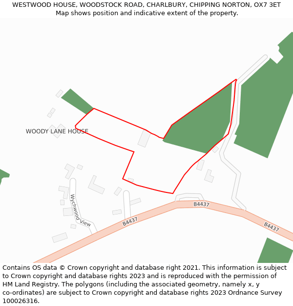 WESTWOOD HOUSE, WOODSTOCK ROAD, CHARLBURY, CHIPPING NORTON, OX7 3ET: Location map and indicative extent of plot