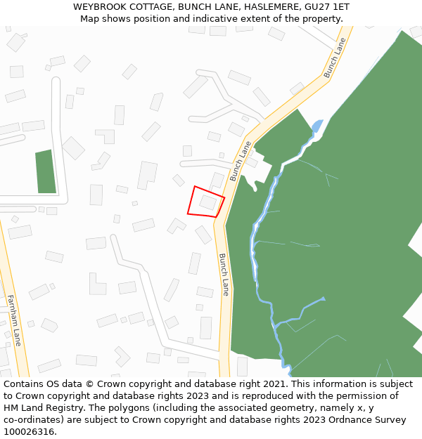 WEYBROOK COTTAGE, BUNCH LANE, HASLEMERE, GU27 1ET: Location map and indicative extent of plot