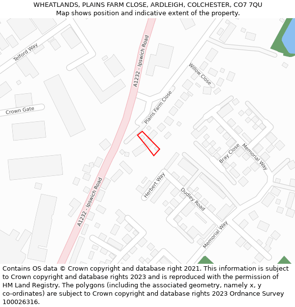 WHEATLANDS, PLAINS FARM CLOSE, ARDLEIGH, COLCHESTER, CO7 7QU: Location map and indicative extent of plot