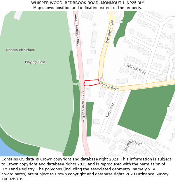 WHISPER WOOD, REDBROOK ROAD, MONMOUTH, NP25 3LY: Location map and indicative extent of plot