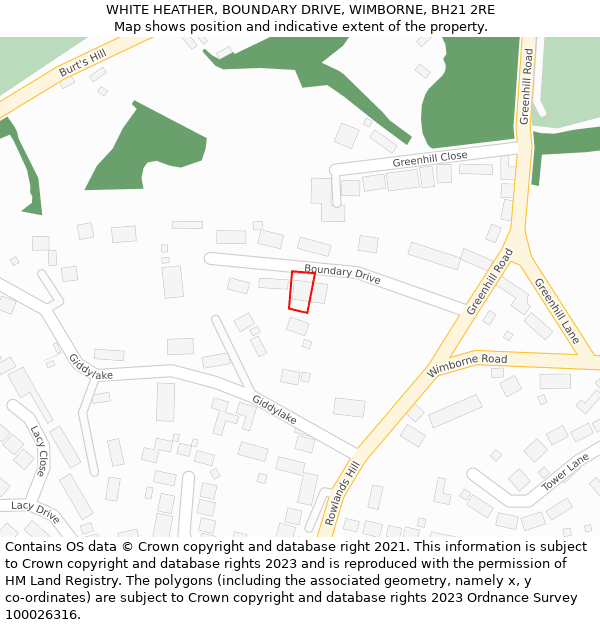 WHITE HEATHER, BOUNDARY DRIVE, WIMBORNE, BH21 2RE: Location map and indicative extent of plot