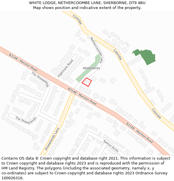 WHITE LODGE, NETHERCOOMBE LANE, SHERBORNE, DT9 4BU: Location map and indicative extent of plot