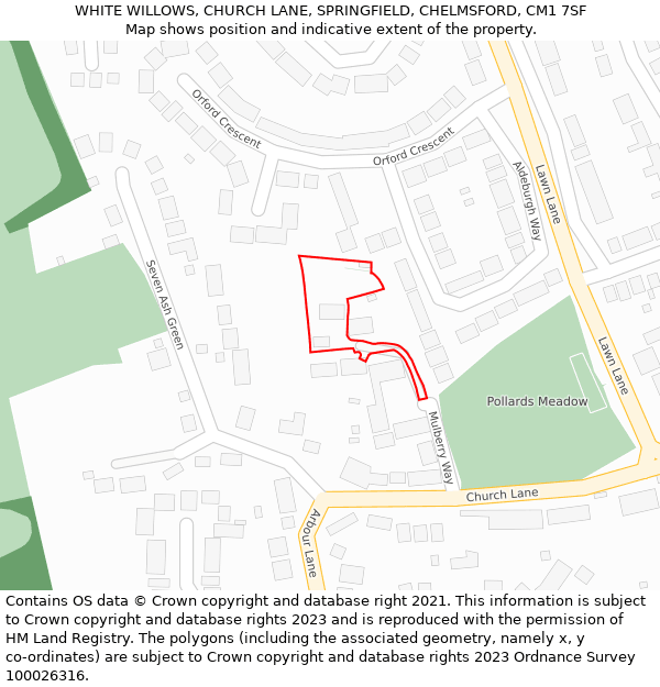 WHITE WILLOWS, CHURCH LANE, SPRINGFIELD, CHELMSFORD, CM1 7SF: Location map and indicative extent of plot