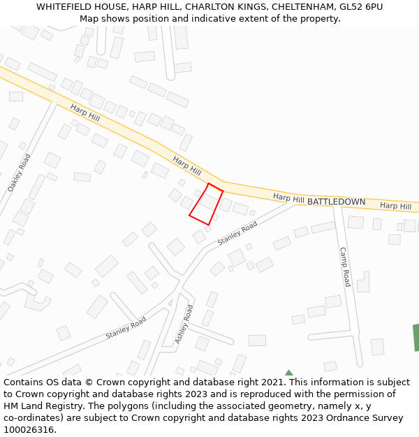 WHITEFIELD HOUSE, HARP HILL, CHARLTON KINGS, CHELTENHAM, GL52 6PU: Location map and indicative extent of plot