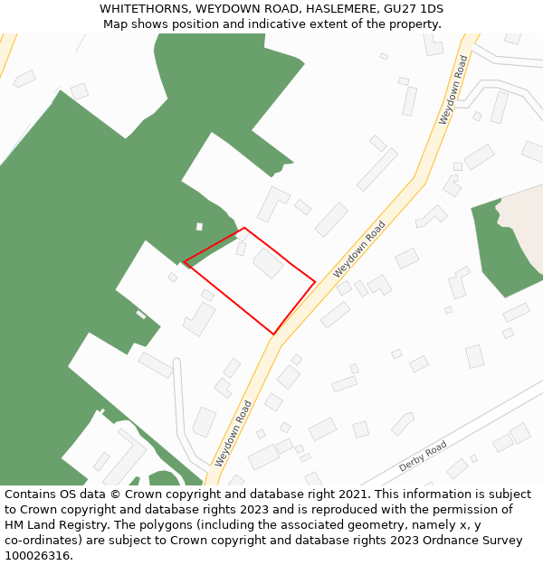 WHITETHORNS, WEYDOWN ROAD, HASLEMERE, GU27 1DS: Location map and indicative extent of plot