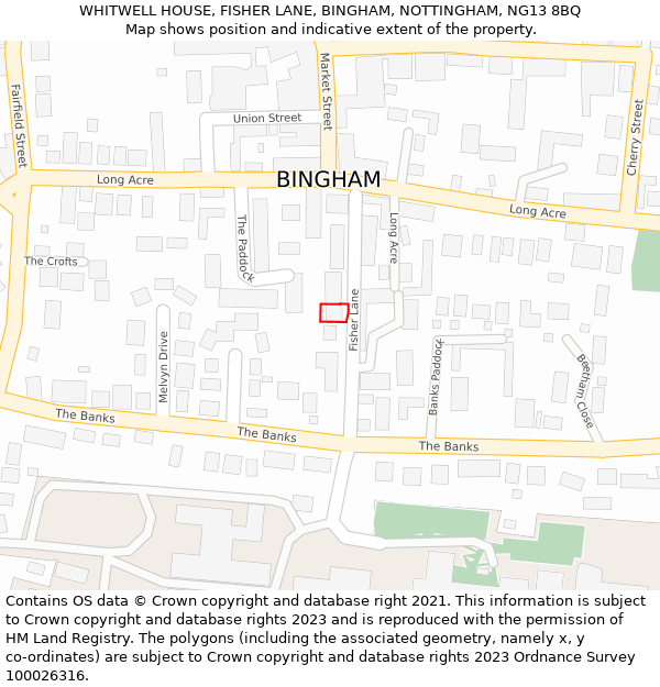 WHITWELL HOUSE, FISHER LANE, BINGHAM, NOTTINGHAM, NG13 8BQ: Location map and indicative extent of plot