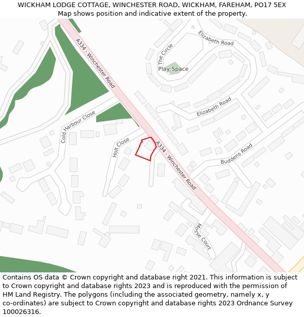 WICKHAM LODGE COTTAGE, WINCHESTER ROAD, WICKHAM, FAREHAM, PO17 5EX: Location map and indicative extent of plot