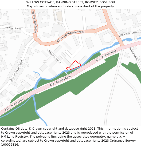 WILLOW COTTAGE, BANNING STREET, ROMSEY, SO51 8GU: Location map and indicative extent of plot