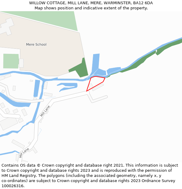 WILLOW COTTAGE, MILL LANE, MERE, WARMINSTER, BA12 6DA: Location map and indicative extent of plot