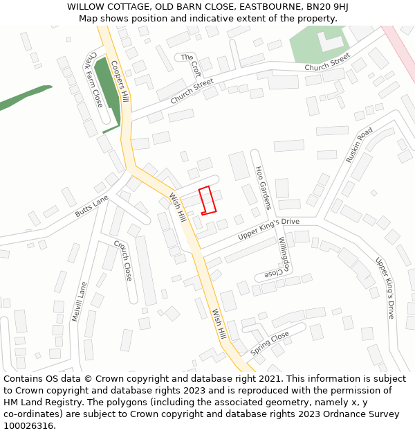 WILLOW COTTAGE, OLD BARN CLOSE, EASTBOURNE, BN20 9HJ: Location map and indicative extent of plot