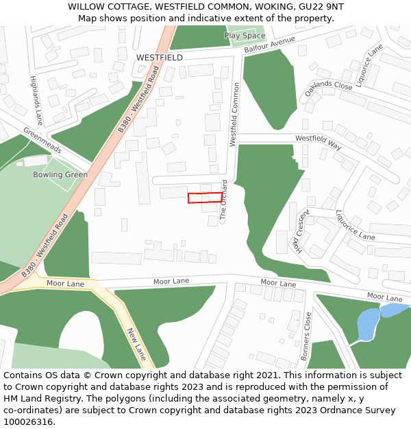 WILLOW COTTAGE, WESTFIELD COMMON, WOKING, GU22 9NT: Location map and indicative extent of plot