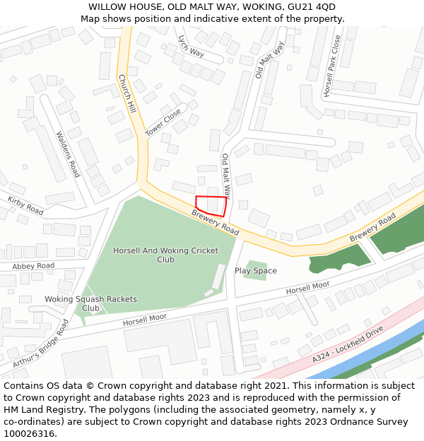 WILLOW HOUSE, OLD MALT WAY, WOKING, GU21 4QD: Location map and indicative extent of plot