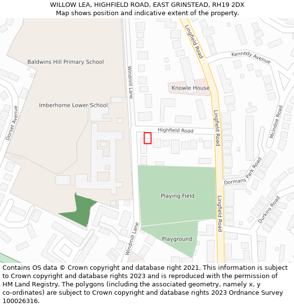 WILLOW LEA, HIGHFIELD ROAD, EAST GRINSTEAD, RH19 2DX: Location map and indicative extent of plot