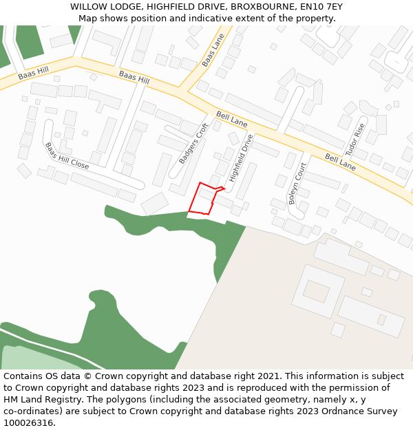 WILLOW LODGE, HIGHFIELD DRIVE, BROXBOURNE, EN10 7EY: Location map and indicative extent of plot