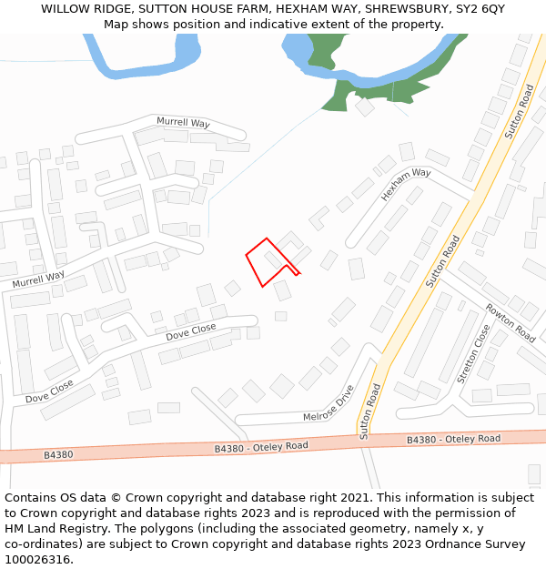 WILLOW RIDGE, SUTTON HOUSE FARM, HEXHAM WAY, SHREWSBURY, SY2 6QY: Location map and indicative extent of plot