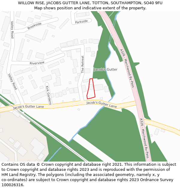 WILLOW RISE, JACOBS GUTTER LANE, TOTTON, SOUTHAMPTON, SO40 9FU: Location map and indicative extent of plot