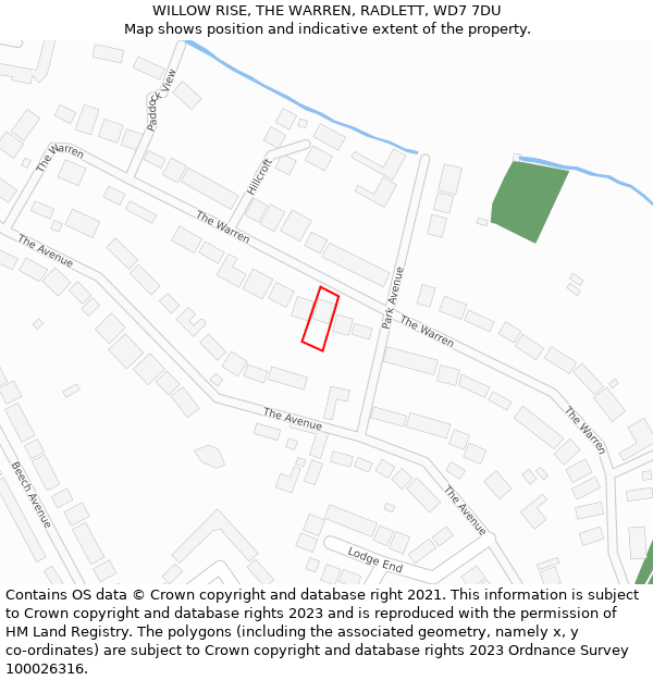 WILLOW RISE, THE WARREN, RADLETT, WD7 7DU: Location map and indicative extent of plot