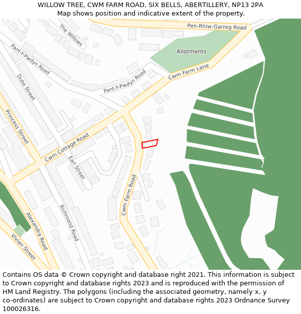 WILLOW TREE, CWM FARM ROAD, SIX BELLS, ABERTILLERY, NP13 2PA: Location map and indicative extent of plot