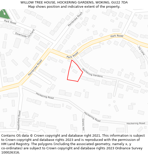 WILLOW TREE HOUSE, HOCKERING GARDENS, WOKING, GU22 7DA: Location map and indicative extent of plot