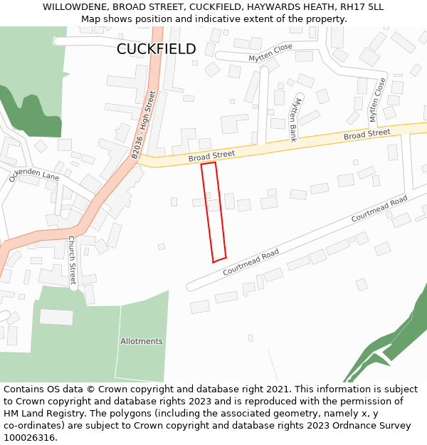 WILLOWDENE, BROAD STREET, CUCKFIELD, HAYWARDS HEATH, RH17 5LL: Location map and indicative extent of plot