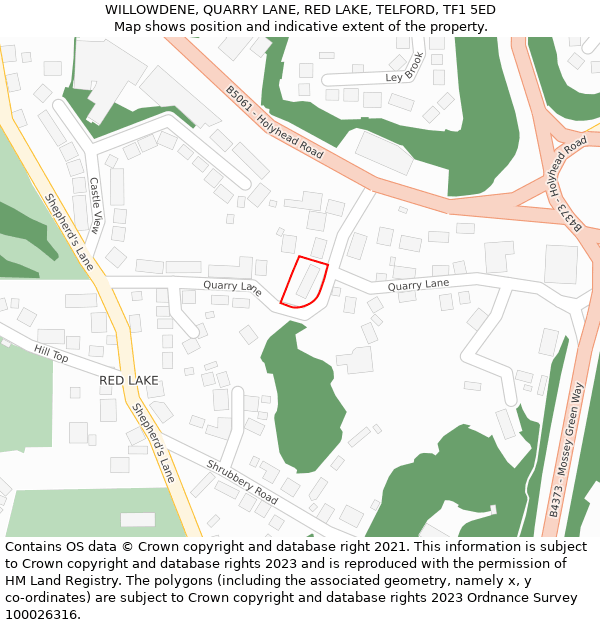 WILLOWDENE, QUARRY LANE, RED LAKE, TELFORD, TF1 5ED: Location map and indicative extent of plot
