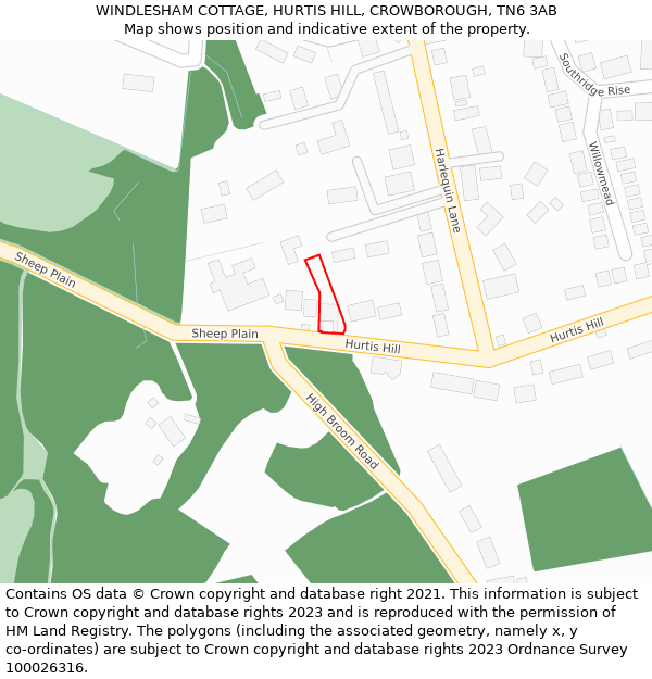 WINDLESHAM COTTAGE, HURTIS HILL, CROWBOROUGH, TN6 3AB: Location map and indicative extent of plot