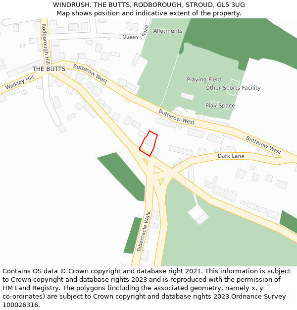 WINDRUSH, THE BUTTS, RODBOROUGH, STROUD, GL5 3UG: Location map and indicative extent of plot
