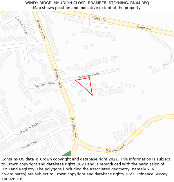 WINDY RIDGE, MAUDLYN CLOSE, BRAMBER, STEYNING, BN44 3PQ: Location map and indicative extent of plot